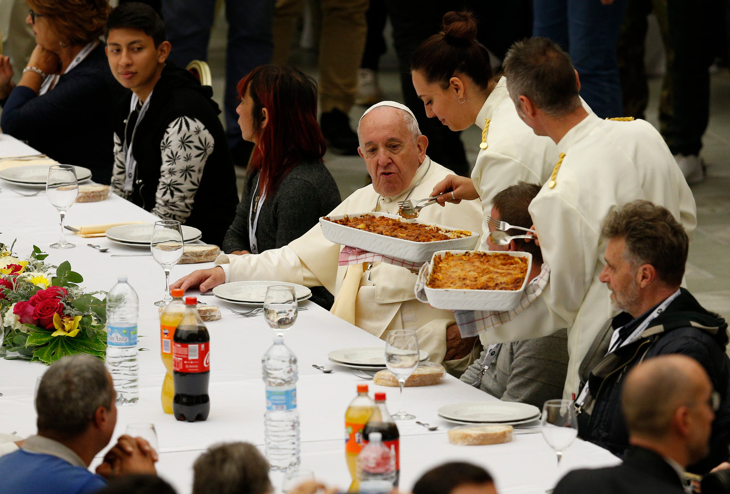 Pope Francis eats lunch with the poor in the Paul VI hall as he marks World Day of the Poor at the Vatican Nov. 17, 2019.